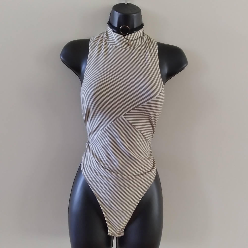 Women Large Striped Bodysuit Sleeveless Grey White highneck top #172